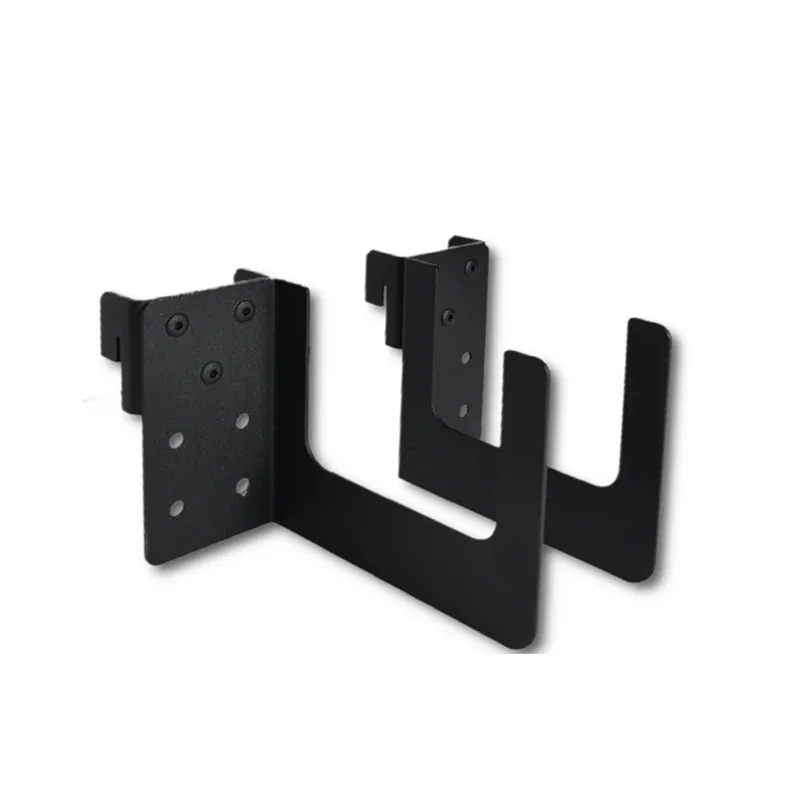 Black metal mounting bracket with perforated plates and curved arms, likely for securing equipment.