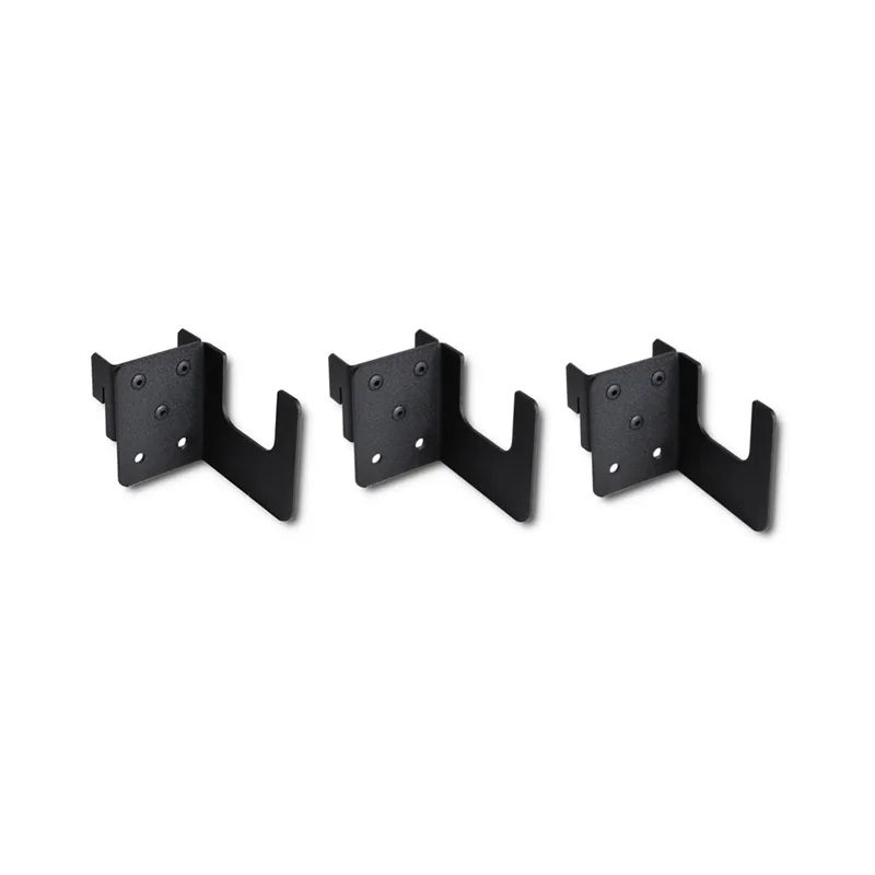 Three Black Metal Shelf Brackets with Mounting Plates Placed in a Row for Display