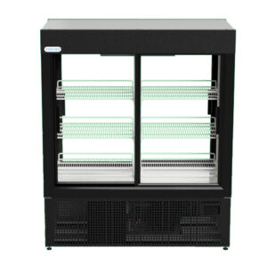 Double-door glass-front refrigerated display case with multiple wire shelves for chilled items in a store