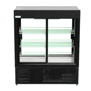 Double-door glass-front refrigerated display case with multiple wire shelves for chilled items in a store