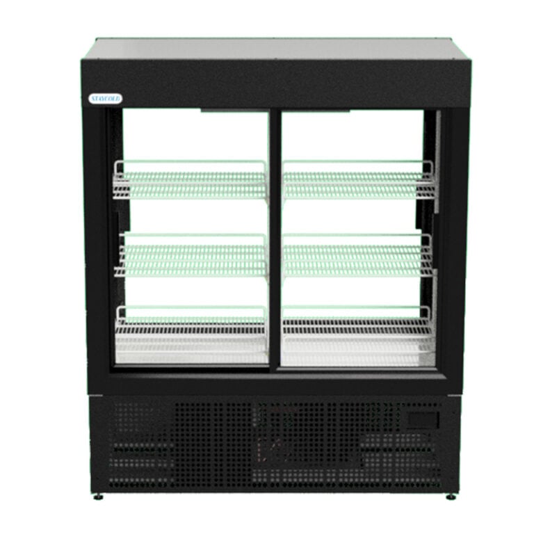 Double-door glass-front refrigerated display case with multiple wire shelves for chilled items in a store