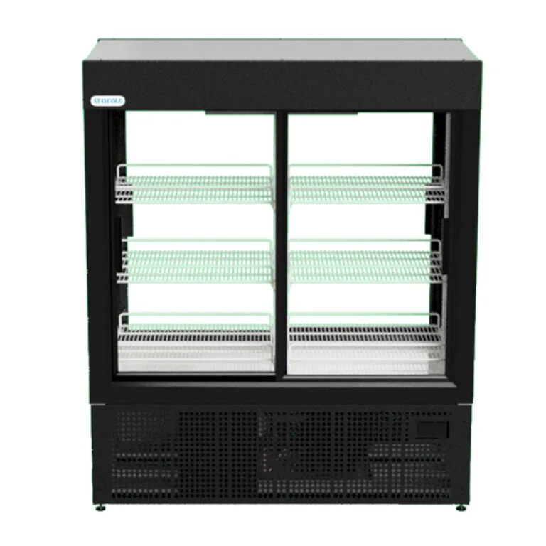Double-door glass-front refrigerated display case with multiple wire shelves for chilled items in a store