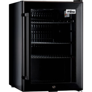 Black mini wine cooler with open door and three wire shelves inside.