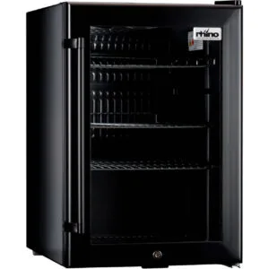 Black mini wine cooler with open door and three wire shelves inside.