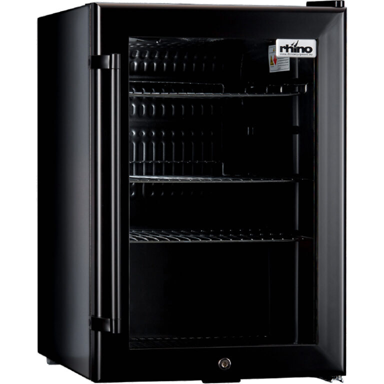 Black mini wine cooler with open door and three wire shelves inside.
