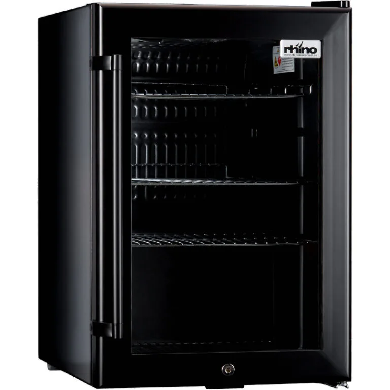 Black mini wine cooler with open door and three wire shelves inside.