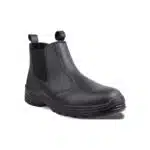 Black Leather Chelsea style Boot with Elastic Side Panels and a Rugged Treaded Sole Viewed from the Front left Side