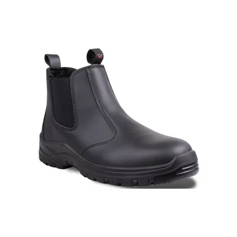 Black leather Chelsea-style boot with elastic side panels and a rugged treaded sole, viewed from the front-left side