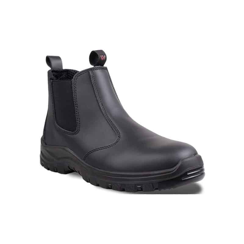 WR0202 - WR0209 - WRIGHT CHELSEA SOFT TOE BLK | Securadeal Black leather Chelsea-style boot with elastic side panels and a rugged treaded sole, viewed from the front-left side