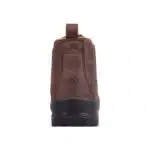 Back View of a Brown Leather Ankle Boot with a Pull Tab and Chunky Black Sole