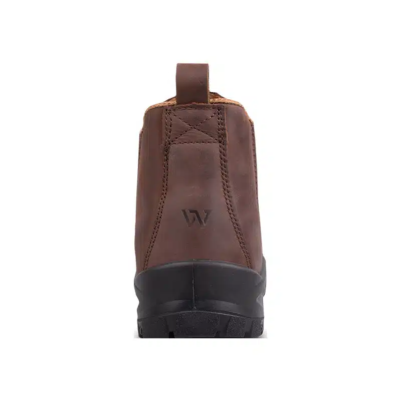 Back View of a Brown Leather Ankle Boot with a Pull Tab and Chunky Black Sole