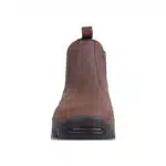 Front View of a Brown Leather Ankle Boot with a Black Sole and a Pull Tab at the Back