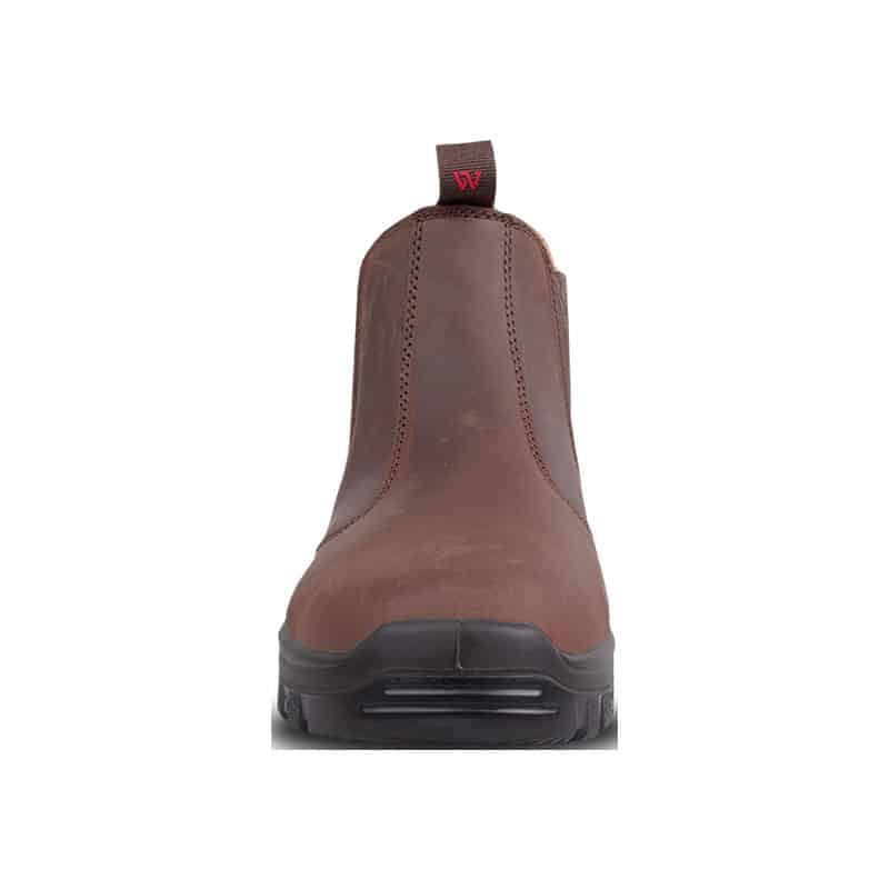 WRIGHT CHELSEA SOFT TOE BRN 5 | Securadeal Front view of a brown leather ankle boot with a black sole and a pull tab at the back.