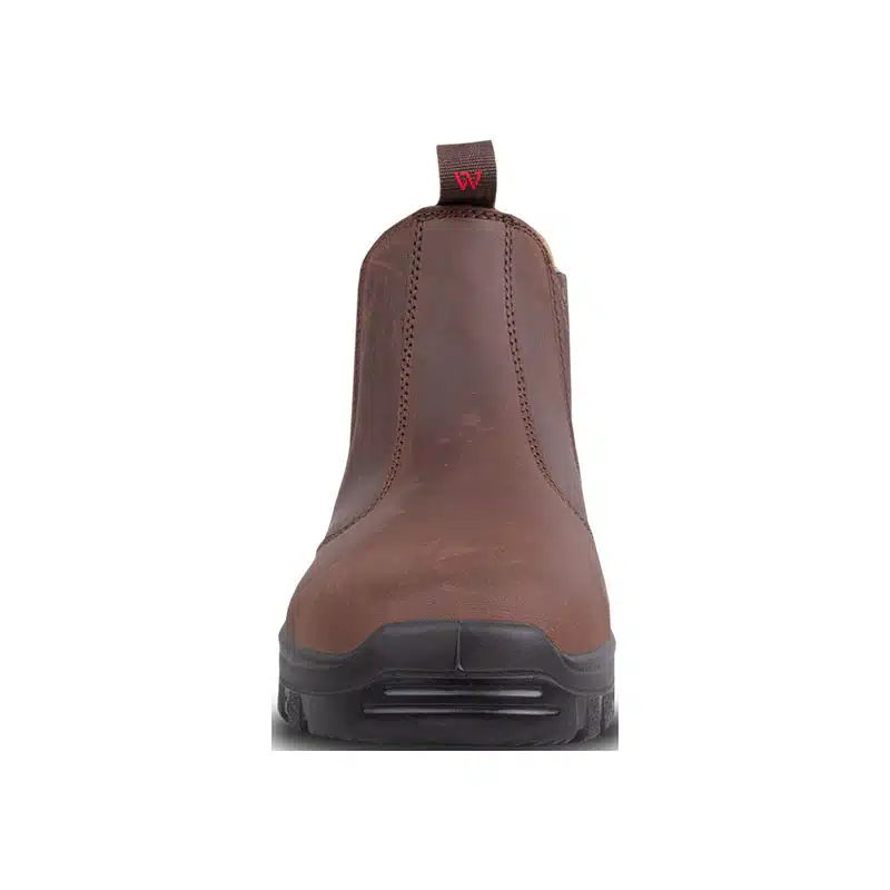 Front View of a Brown Leather Ankle Boot with a Black Sole and a Pull Tab at the Back