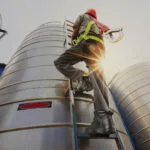 Wright-Hammer-Metaguard-Lifestyle | Securadeal Construction Worker Wearing Hard Hat and Safety Harness Climbs a Ladder Beside Large Silver Silos