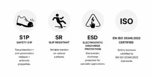 Four Circular Icons S1p Toe Protection Sr Slip Resistant Esd Electrostatic Discharge Protection and En Iso 203452022 Certification