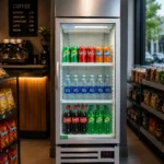 caa3de91-f921-4df4-8509-cbaab214714a | Securadeal Refrigerated Display Case Stocked with Sprite Coca cola Fanta and Bon Aqua Water in a Cafe Shop Setting