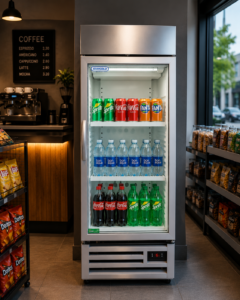 Refrigerated Display Case Stocked with Sprite Coca cola Fanta and Bon Aqua Water in a Cafe Shop Setting