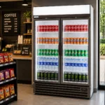 eb5a54ed-f82d-43bd-b3d4-4a48e215096b | Securadeal Double door Refrigerated Display Stocked with Coca cola Fanta Sprite and Bottled Water in a Cafe Setting