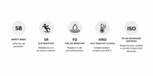 Safety Icons Showing Boot Features Basic Toe Protection Slip Resistance Oil Resistance Heat resistant Outsole and Iso 20345 Certification