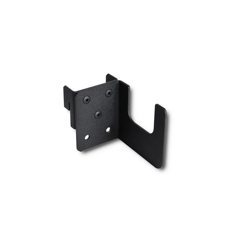 Black Metal Mounting Bracket with an L shaped Design and Several Screw Holes for Secure Installation