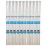 Row of White Rubber Coating Membrane Rolls Standing Upright with Blue Labels Lined Up Side by Side
