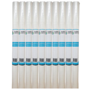 Row of white rubber coating membrane rolls standing upright with blue labels, lined up side by side.