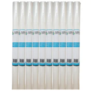 Row of white rubber coating membrane rolls standing upright with blue labels, lined up side by side.