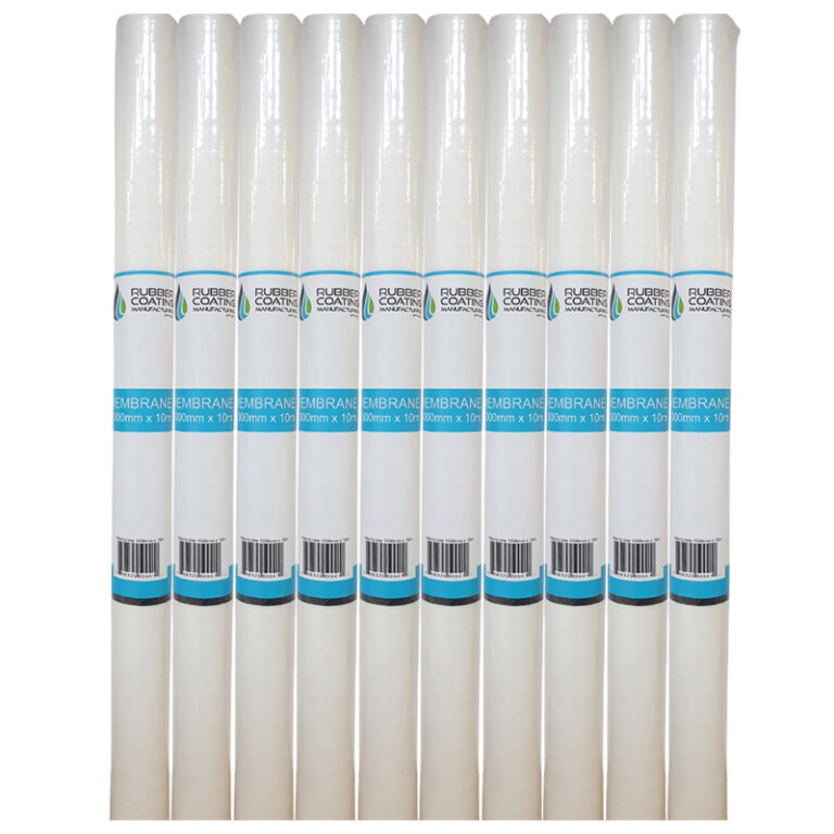 Row of white rubber coating membrane rolls standing upright with blue labels, lined up side by side.