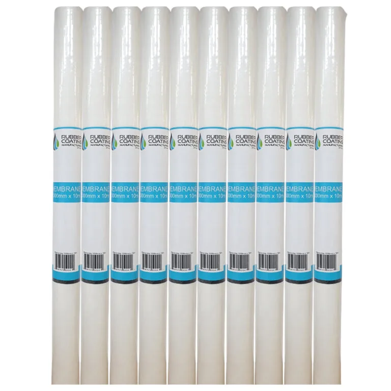 Row of white rubber coating membrane rolls standing upright with blue labels, lined up side by side.
