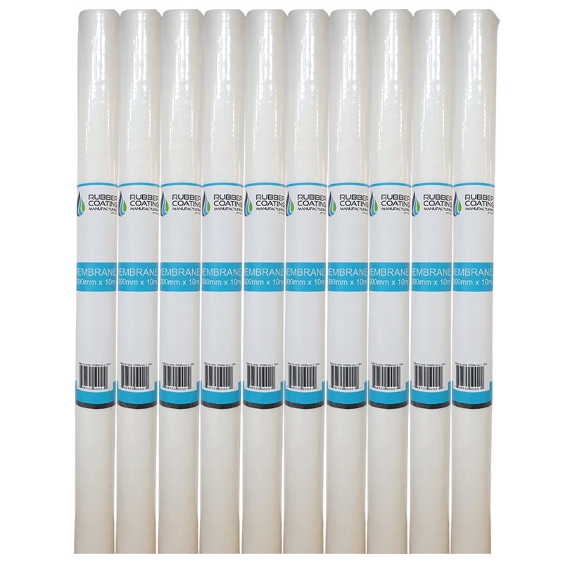 Row of White Rubber Coating Membrane Rolls Standing Upright with Blue Labels Lined Up Side by Side