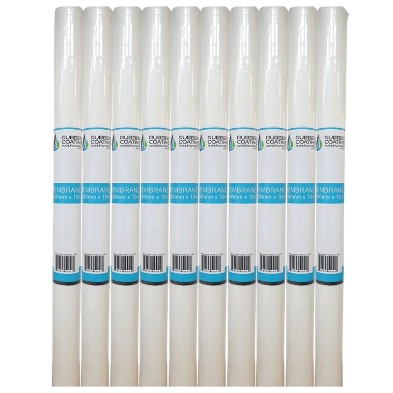 1 | Securadeal Row of White Rubber Coating Membrane Rolls Standing Upright with Blue Labels Lined Up Side by Side