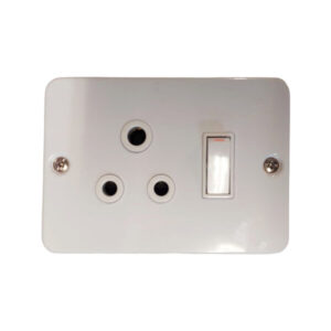 White wall plate with three round-pin electrical sockets and a vertical rocker switch