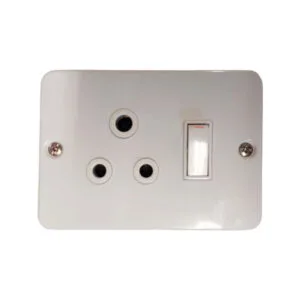 White wall plate with three round-pin electrical sockets and a vertical rocker switch