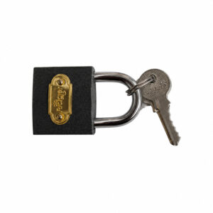 Black padlock with a brass nameplate and two keys on a keyring attached to the shackle