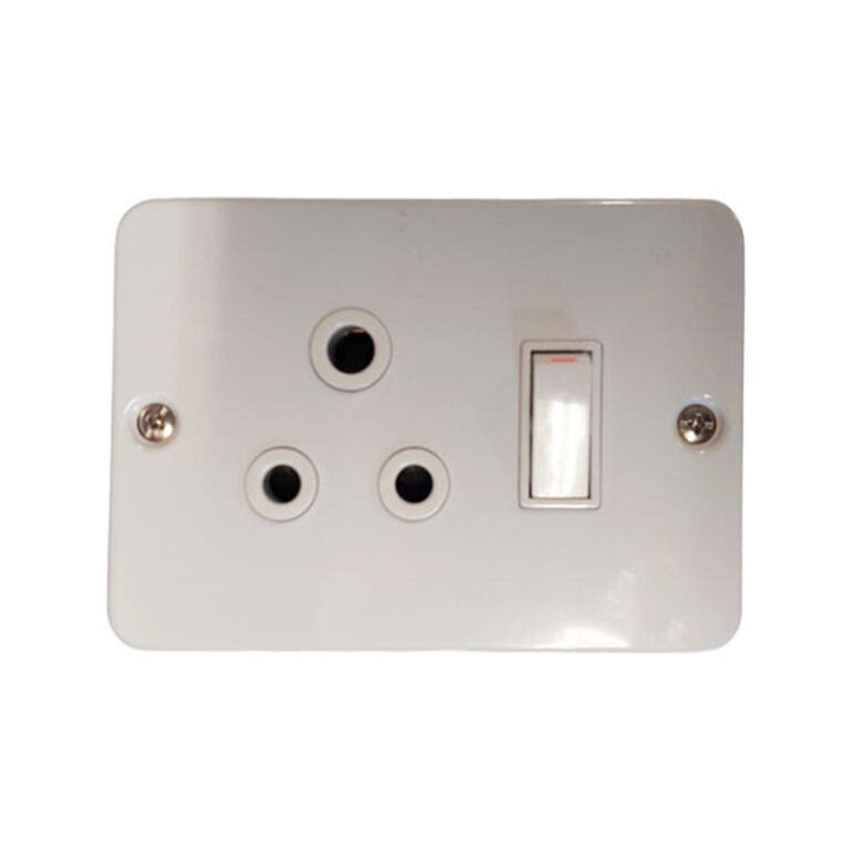 White wall plate with three round-pin electrical sockets and a vertical rocker switch