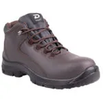 Ankle high Brown Hiking Boot with Thick Tread and Padded Collar Laced Up for Outdoor Wear Showing Rugged Stitching and Durability Cues