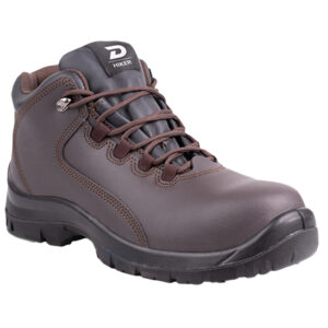 Ankle-high brown hiking boot with thick tread and padded collar, laced up for outdoor wear, showing rugged stitching and durability cues.