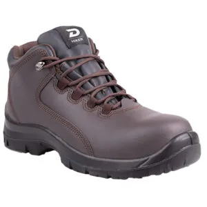Ankle-high brown hiking boot with thick tread and padded collar, laced up for outdoor wear, showing rugged stitching and durability cues.