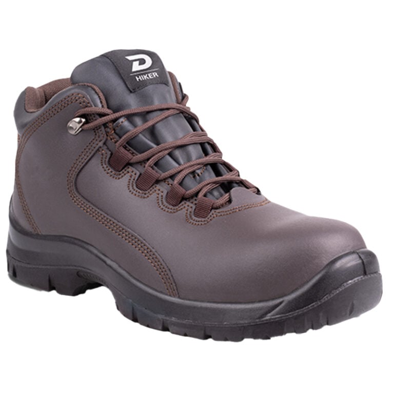 Ankle-high brown hiking boot with thick tread and padded collar, laced up for outdoor wear, showing rugged stitching and durability cues.