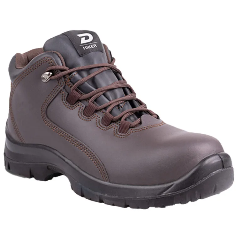 Ankle-high brown hiking boot with thick tread and padded collar, laced up for outdoor wear, showing rugged stitching and durability cues.