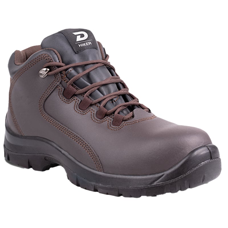 Ankle High Brown Hiking Boot with Thick Tread and Padded Collar Laced Up for Outdoor Wear Showing Rugged Stitching and Durability Cues