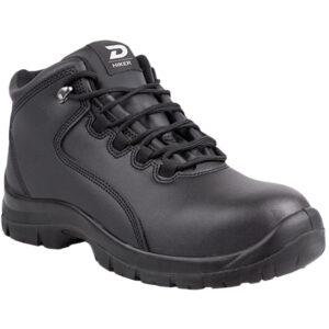 Black leather hiking boot with a rugged sole and laced front, featuring a 'D HIKER' label on the tongue.