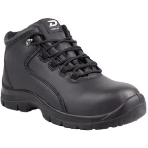 Black leather hiking boot with a rugged sole and laced front, featuring a 'D HIKER' label on the tongue.