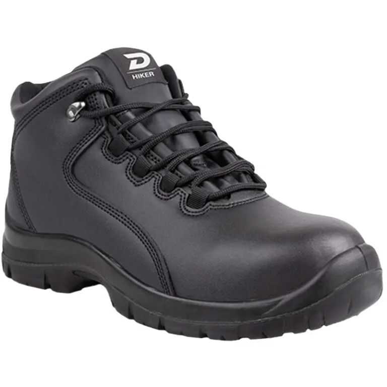 Black leather hiking boot with a rugged sole and laced front, featuring a 'D HIKER' label on the tongue.
