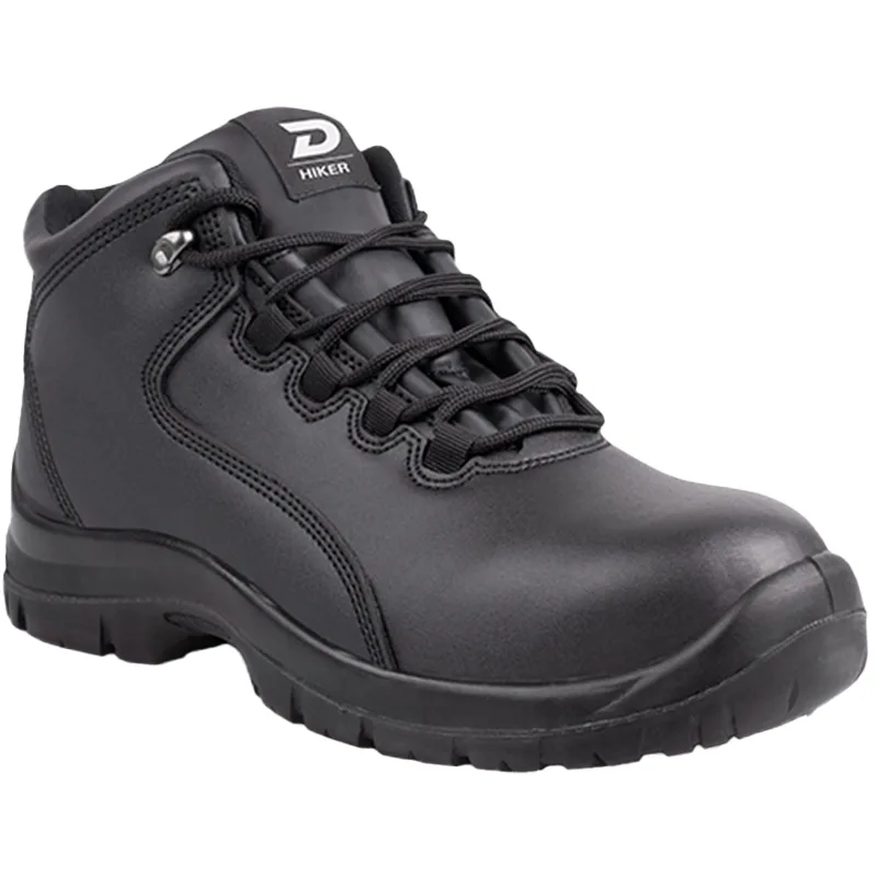 Black Leather Hiking Boot with a Rugged Sole and Laced Front Featuring a d Hiker Label on the Tongue