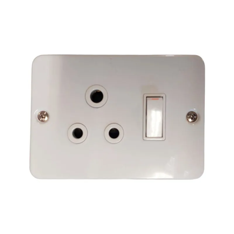 White wall plate with three round-pin electrical sockets and a vertical rocker switch