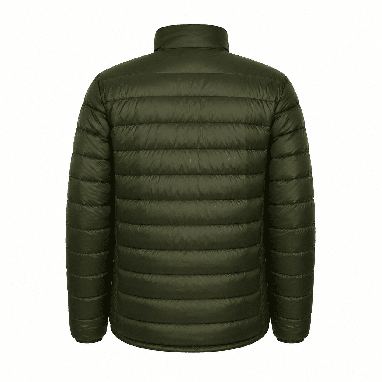 11baf054-6985-435f-b5e7-1d6c2003e848 | Securadeal Back View of a Dark Olive Green Quilted Puffer Jacket with Horizontal Stitching and a Stand Collar