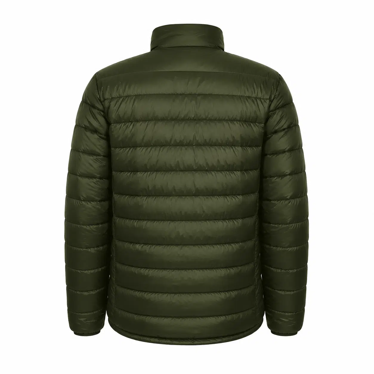 Back View of a Dark Olive Green Quilted Puffer Jacket with Horizontal Stitching and a Stand Collar