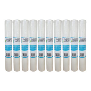Row of white rubber coating membrane rolls with blue labels lined up in a row, 80mm x 10m each.